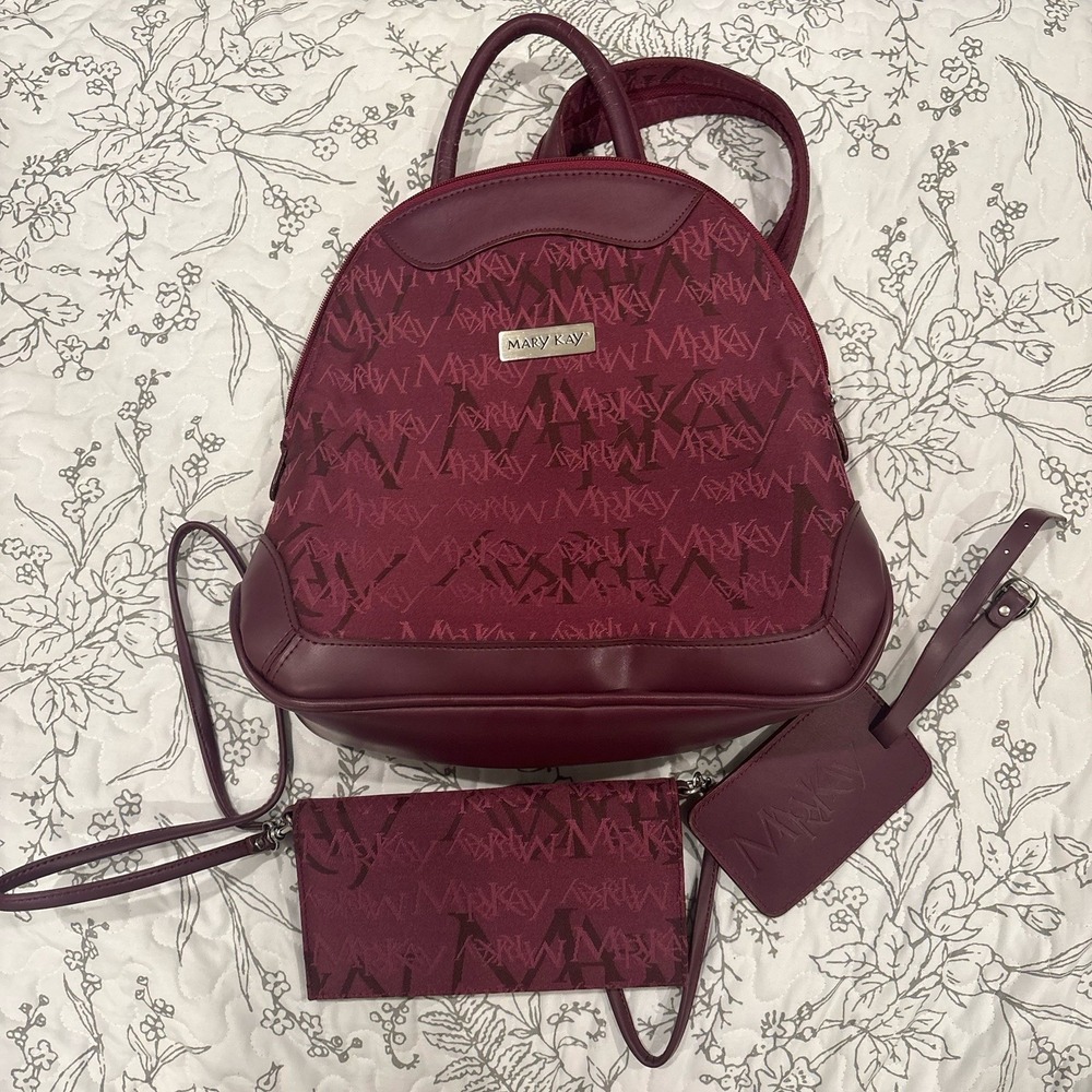 Mary Kay Backpack Purse Maroon Travel Tote W/ Zippered Pockets + Wallet